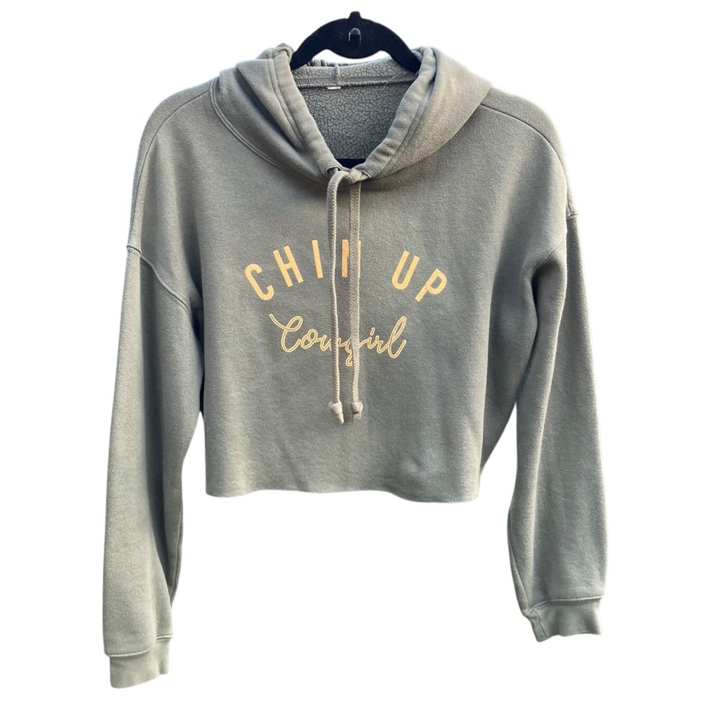 CHIN UP Cowgirl Cropped Hoodie Sweatshirt Gray Western Graphic